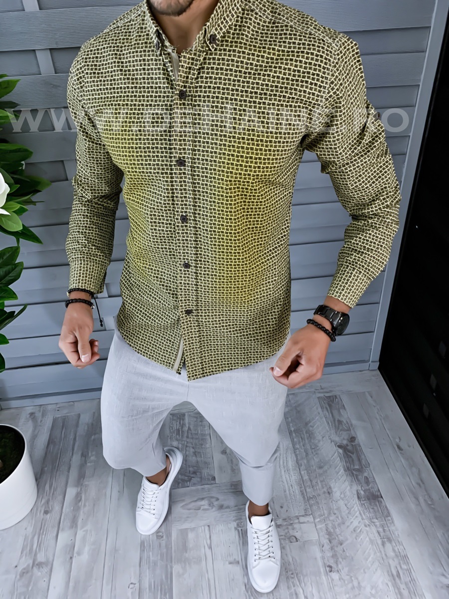 Camasa barbati kaki cu imprimeu slim fit b1353 o3-6